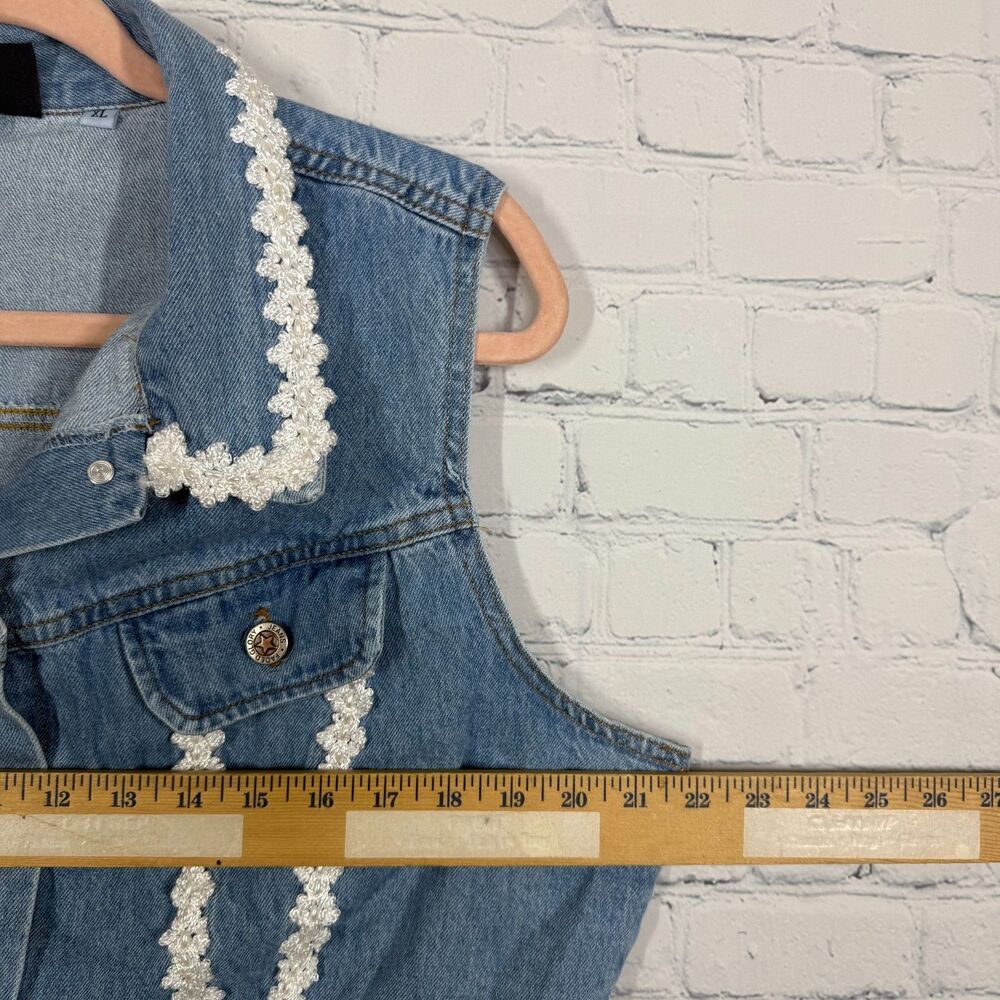 Vintage 90s Y2K Retro Denim Jacket Women XL Button Lace Grunge Fairy Crop Top - Picture 6 of 9